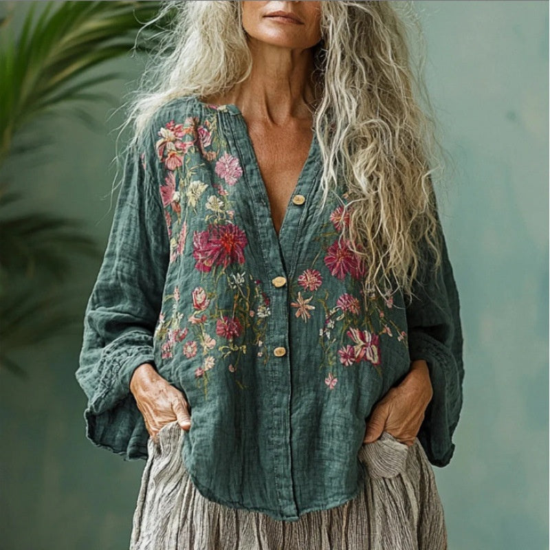 Women's casual floral shirt by My Store with colorful flower pattern and button-front design