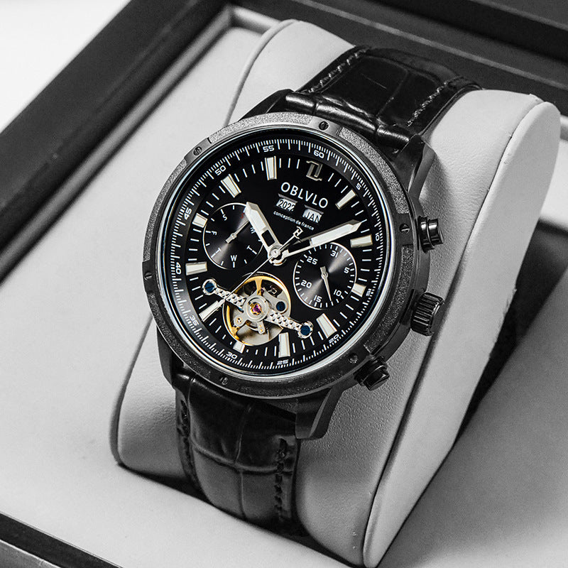 Men's multi-functional hollowed fashion watch with an intricate openwork dial and stylish wristband
