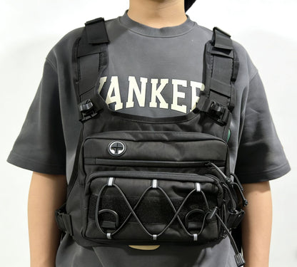 Tactical multi-functional chest pack for trail running, black outdoor waist bag with adjustable straps