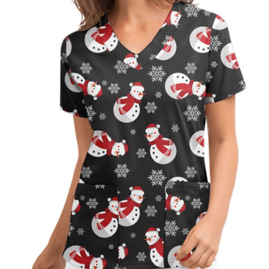 Christmas women's short-sleeved V-neck nursing gown top in protective clothing style