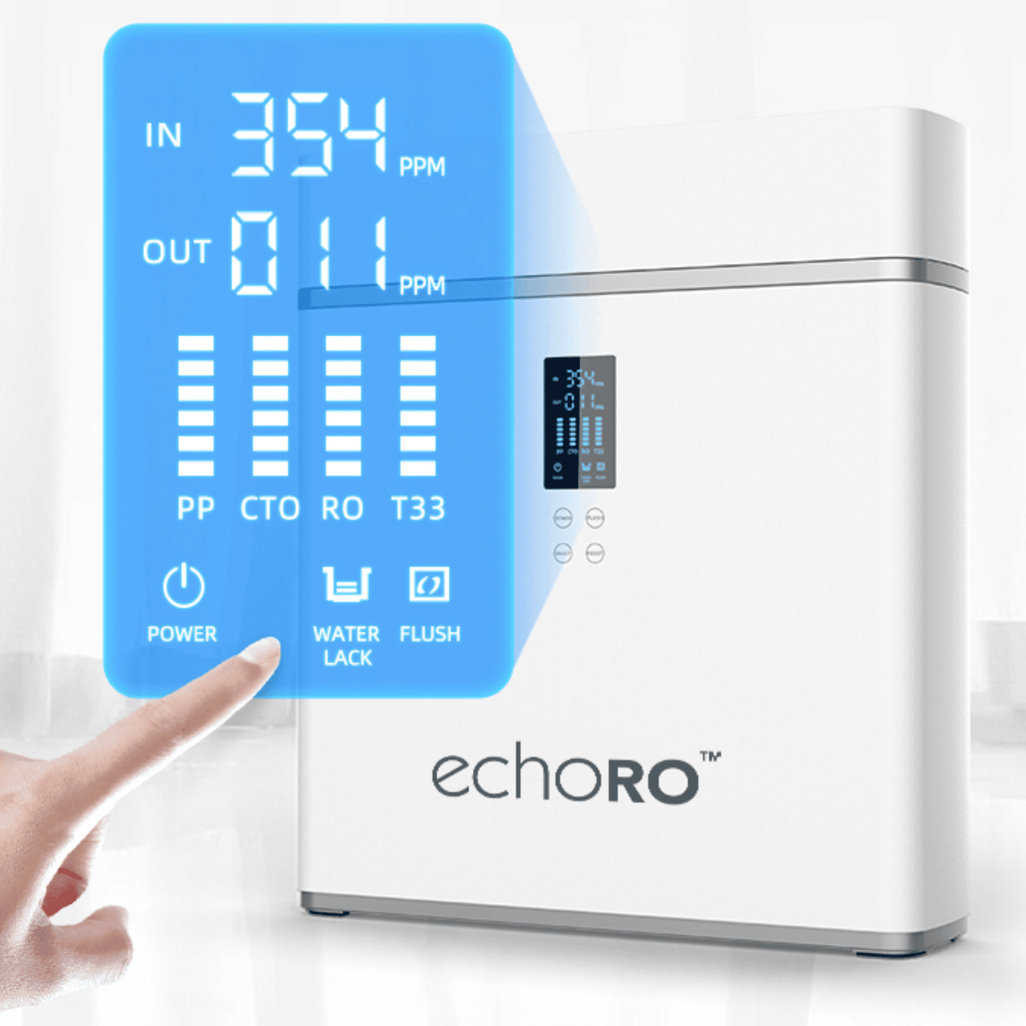 Echo Water ECHO RO™ tankless reverse osmosis water filter machine showing sleek design and filtration components.