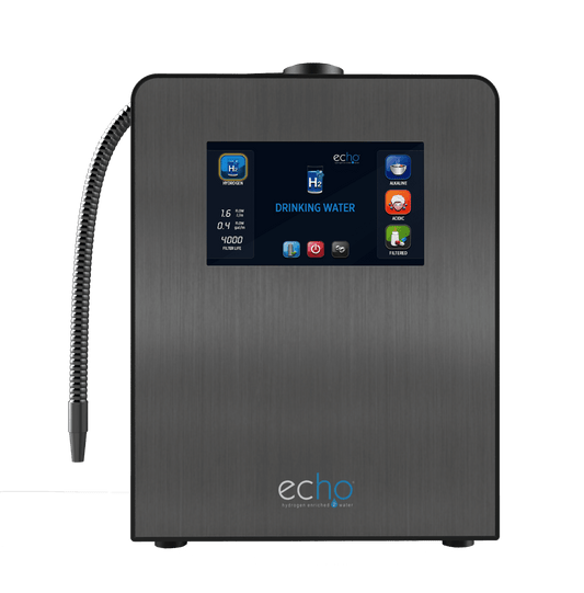 Echo Water ECHO Ultimate™ Hydrogen Water Machine showing sleek design and control panel for producing hydrogen-rich water.