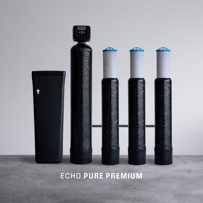 Echo Water EchoPure Premium whole home water filter installed on plumbing system, showing filter unit and connections.