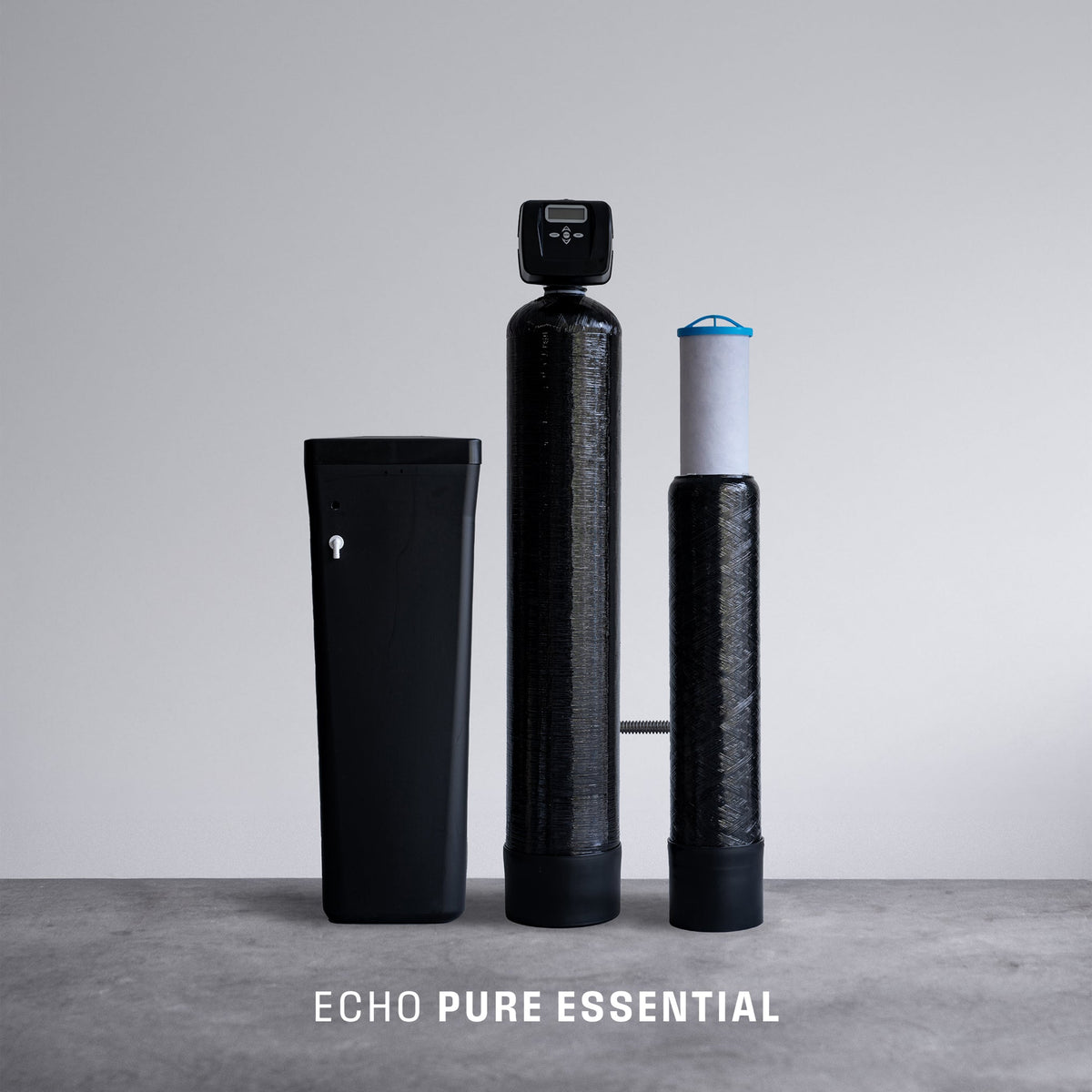 Echo Water EchoPure Essential whole home water filter installed in a residential plumbing system, showcasing the main filter unit.