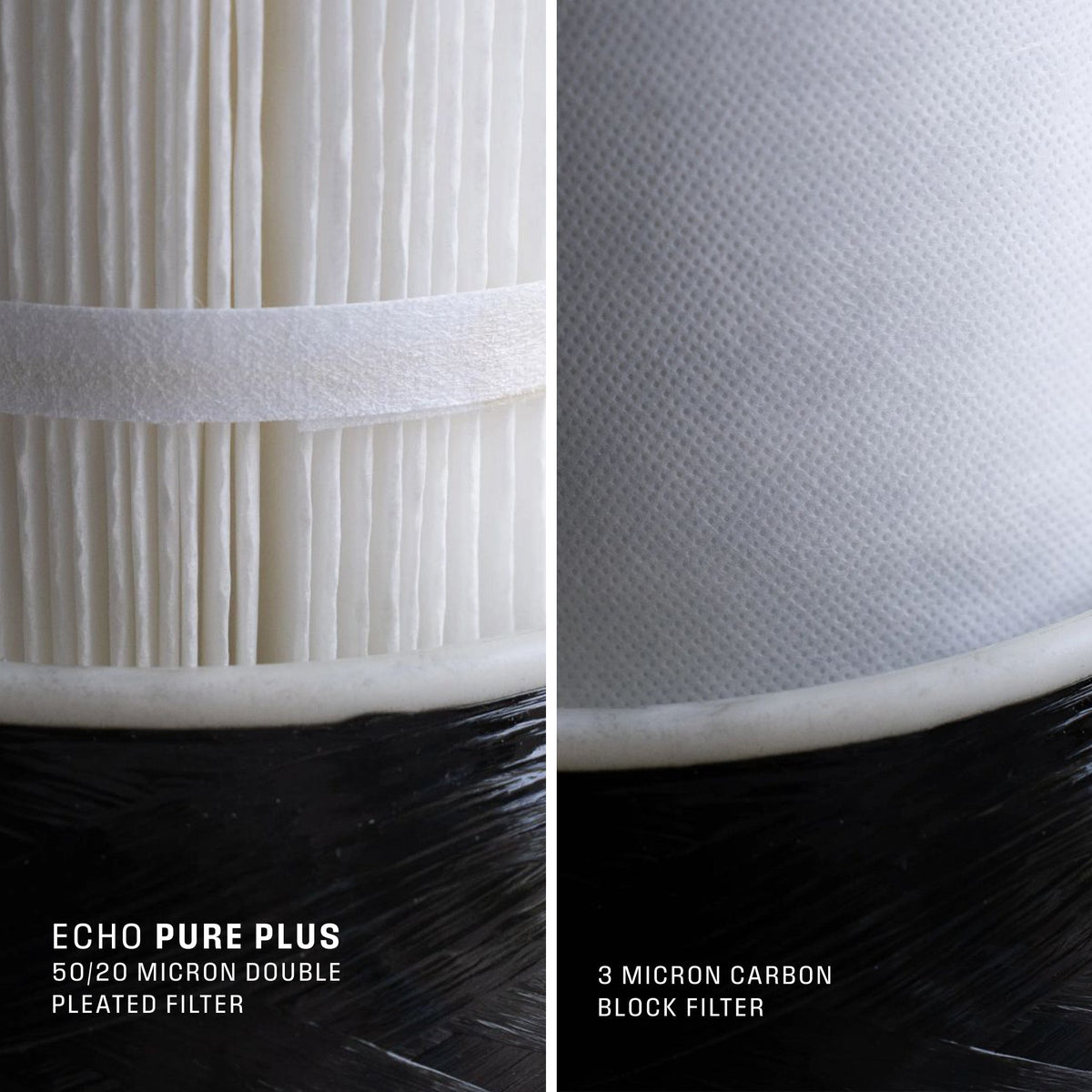 Close-up of the Echo Water Pure 2 whole home water filter showing its sleek, white filtration unit and inlet/outlet connections.