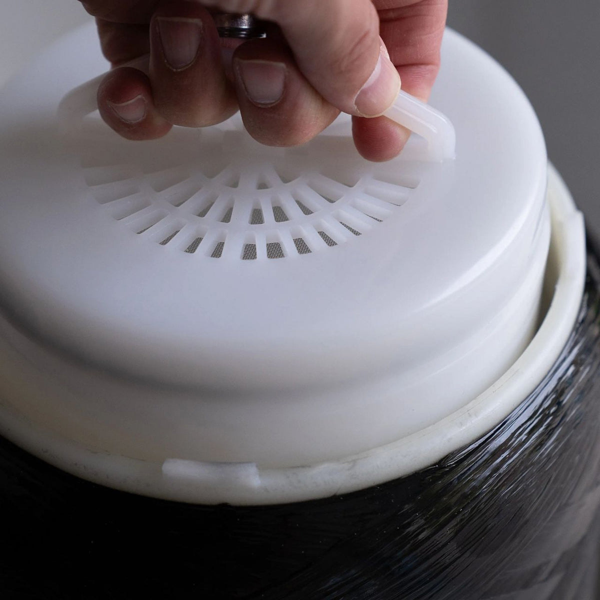 Close-up of Echo Water EchoPure3 whole home water filter showing its sleek design and inlet/outlet connections.