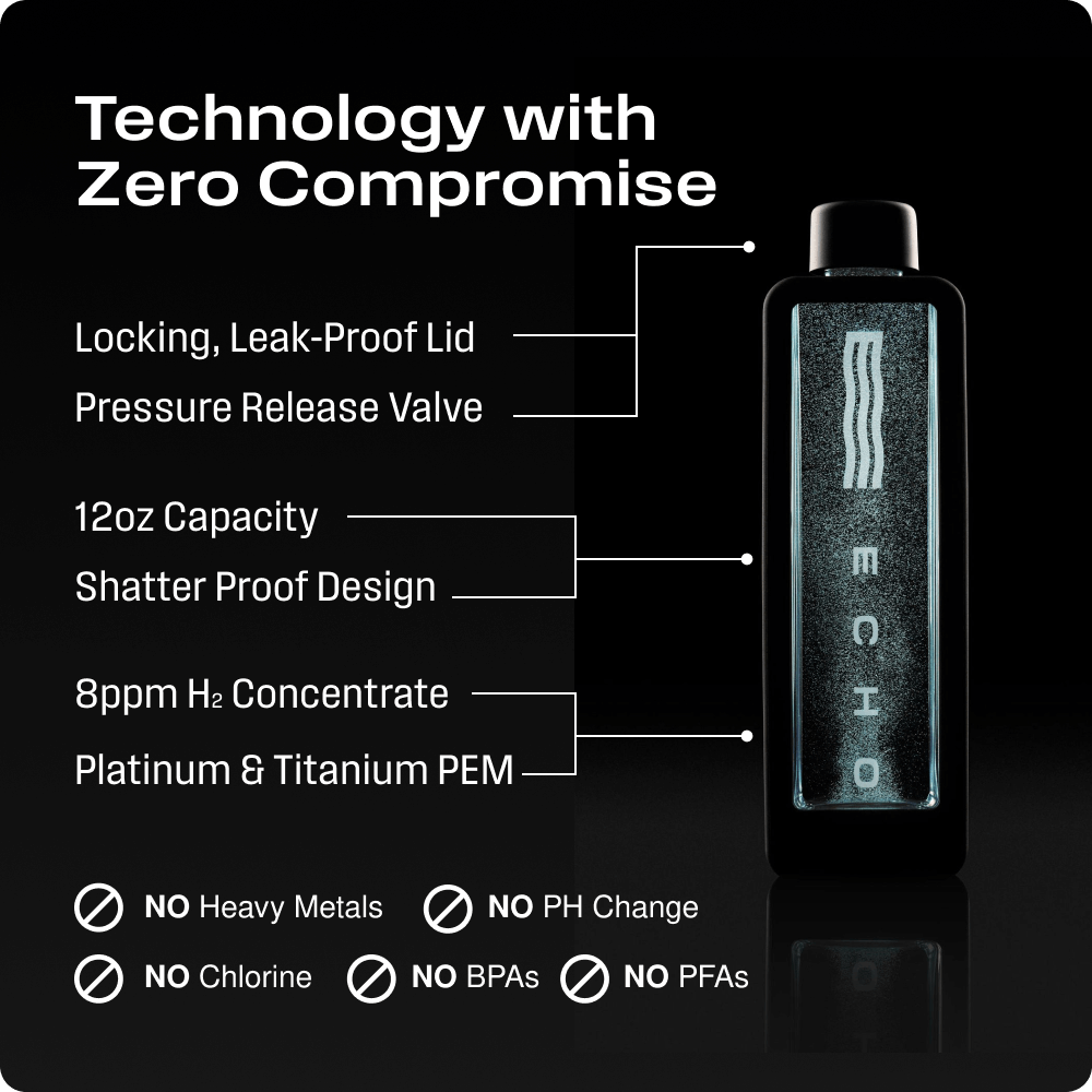 Echo Water hydrogen water bottle, ECHO Flask hydrogen bottle with sleek design and reusable features for fresh hydrogen-infused water.