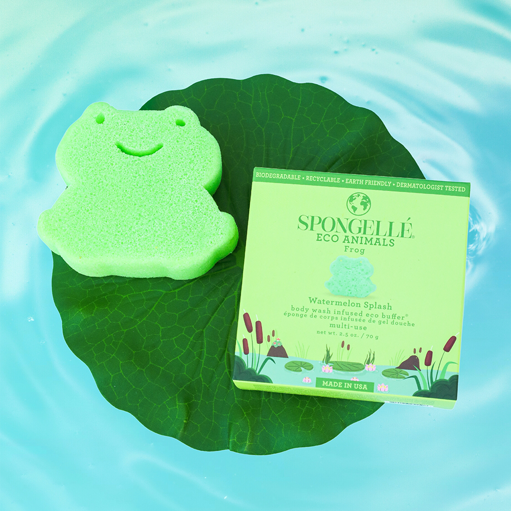 Spongellé Eco Animals Kids Frog body wash-infused buffer with a playful frog design for gentle skincare.