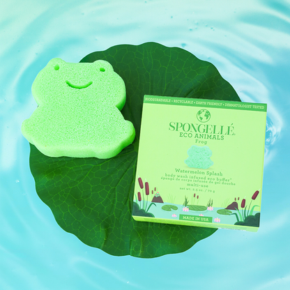 Spongellé Eco Animals Kids Frog body wash-infused buffer with a playful frog design for gentle skincare.