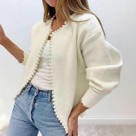 Women's round neck pearl trim knit sweater cardigan coat with short long sleeves, European and American style