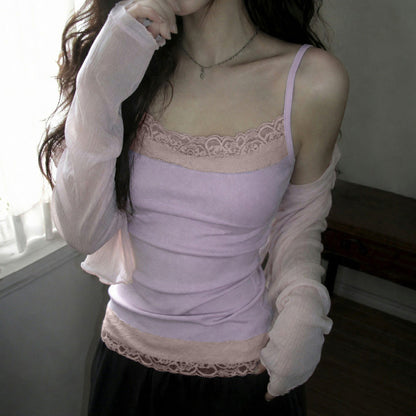 Women's Y2K lace-trim color-block slim-fit tank top in a versatile summer style