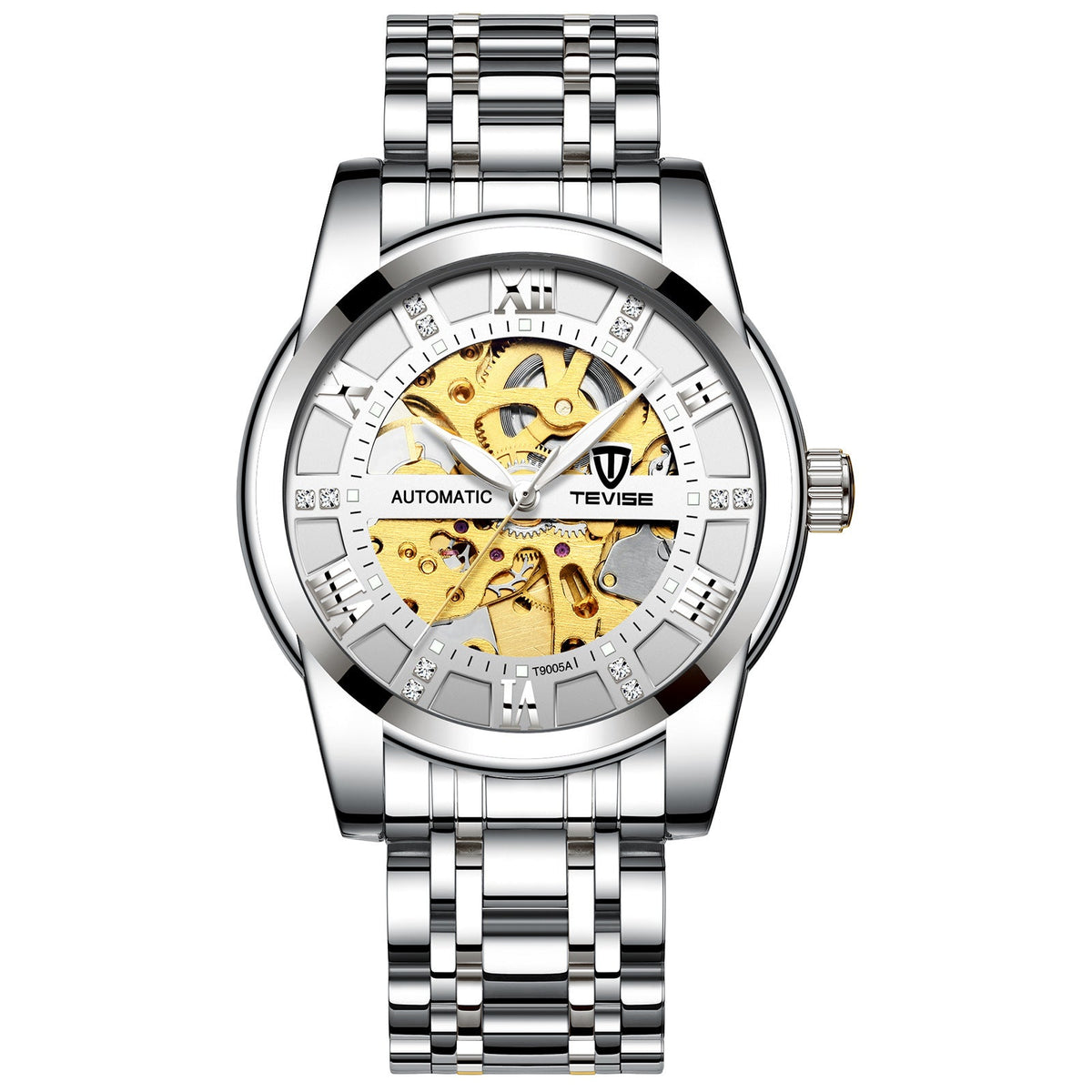 Mechanical watch with hollowed-out steel bracelet, silver-toned case and black skeleton dial