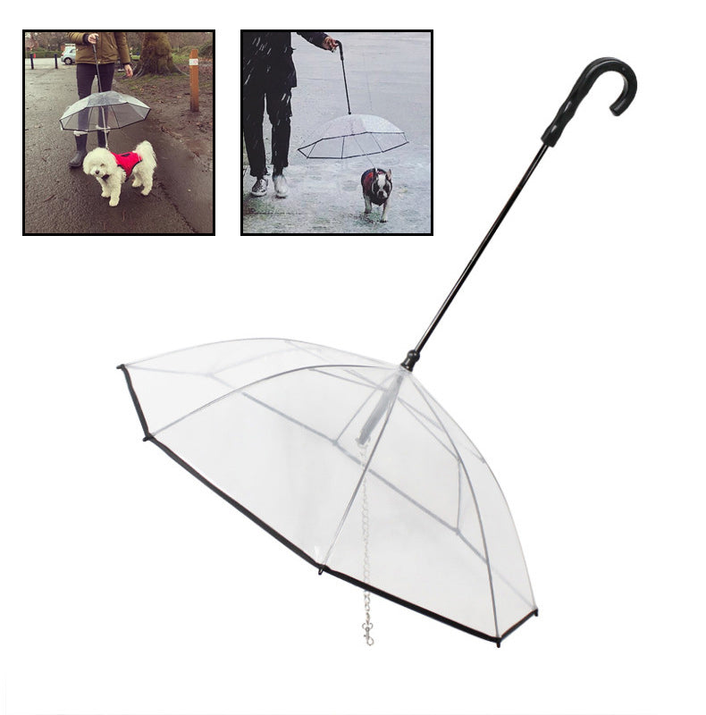 Transparent dog umbrella with removable traction chain for rainy weather, pet walking accessory