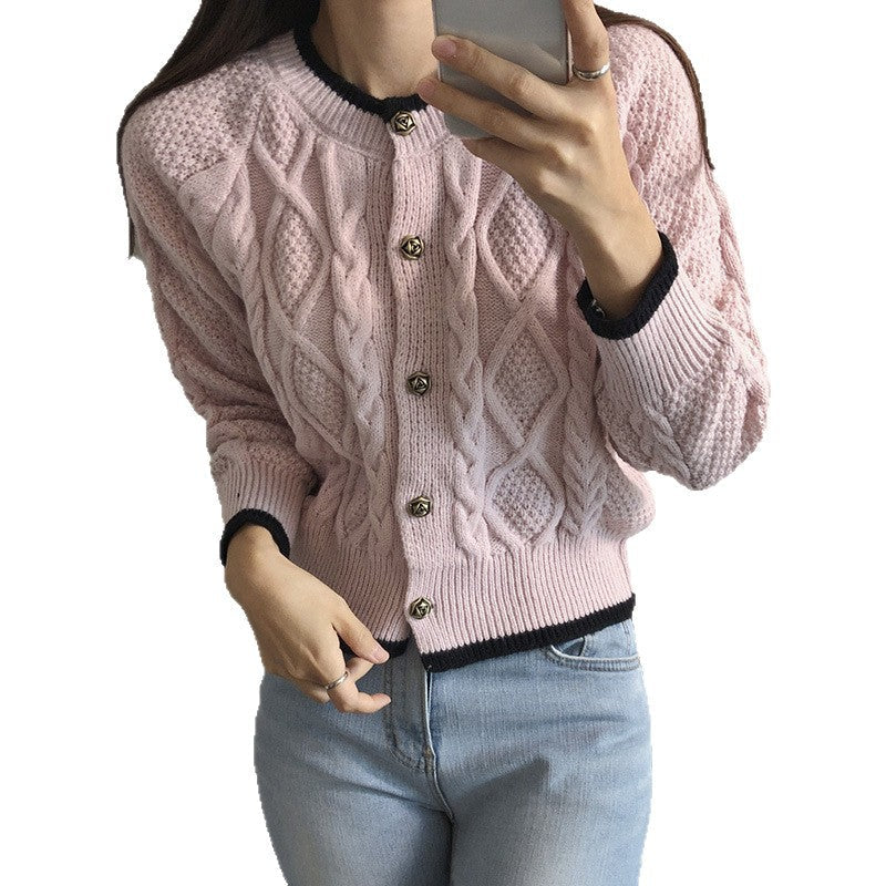 Color-block button-up knit cardigan sweater with sweet-style design and long sleeves