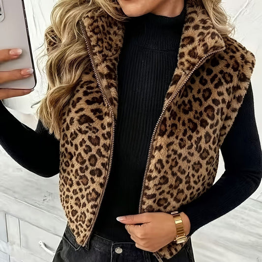 Leopard-print sleeveless double-sided fleece vest jacket by My Store