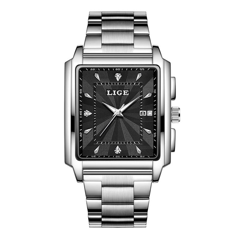 Men's square large-dial steel belt watch with a simple design