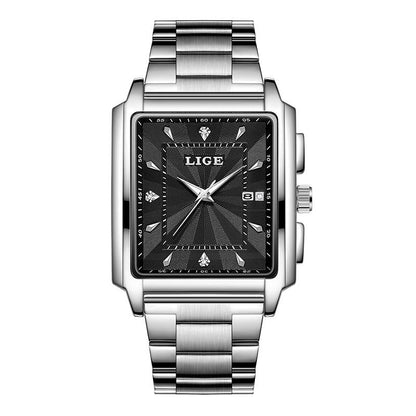 Men's square large-dial steel belt watch with a simple design