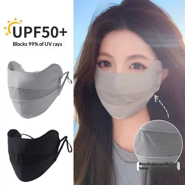 Women's UV-protective sun mask covering the face and neck in a lightweight design