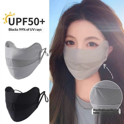 Women's UV-protective sun mask covering the face and neck in a lightweight design