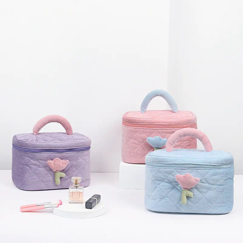 Corduroy Flower Makeup Bag Set for Travel and Beauty.