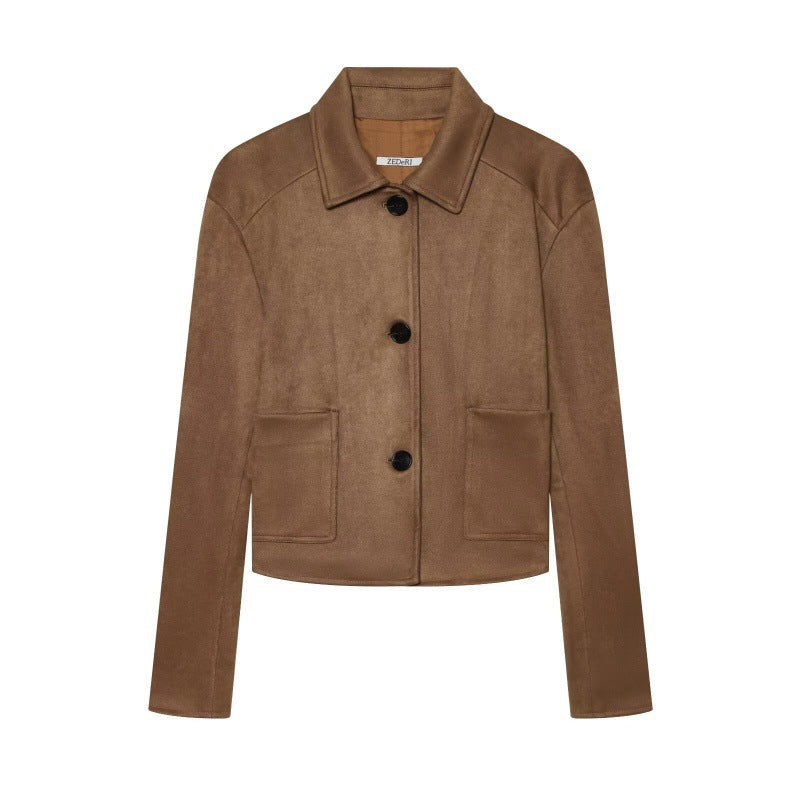Retro-chic autumn winter suede velvet lapel double-breasted jacket in classic tailored style
