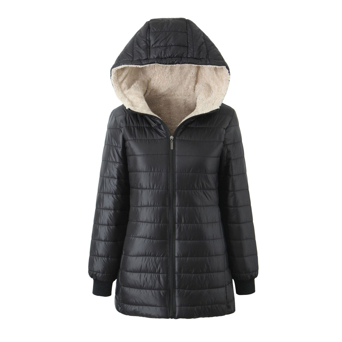 Women's warm hooded fleece-lined coat in a full-length winter style