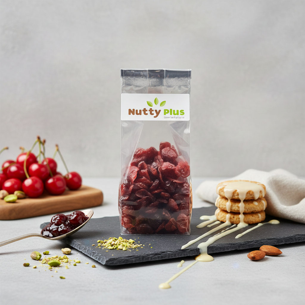 Dehydrated Nutty dried cranberries in a 100g package, showing vibrant red, crunchy, natural snack fruit.