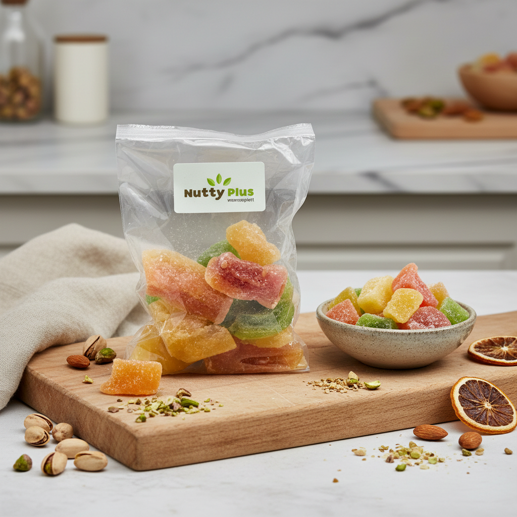 Dried fruit snack by Nutty, featuring colorful, dehydrated mixed fruits in a clear container, healthy and energizing.