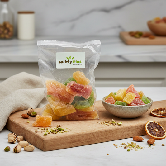 Dried fruit snack NuttyPlus in 100g package, featuring mixed dehydrated fruits with nuts, healthy and energizing.