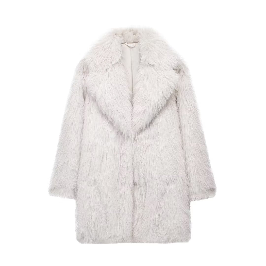 Women's artificial fur warm thick coat with plush texture and long sleeves