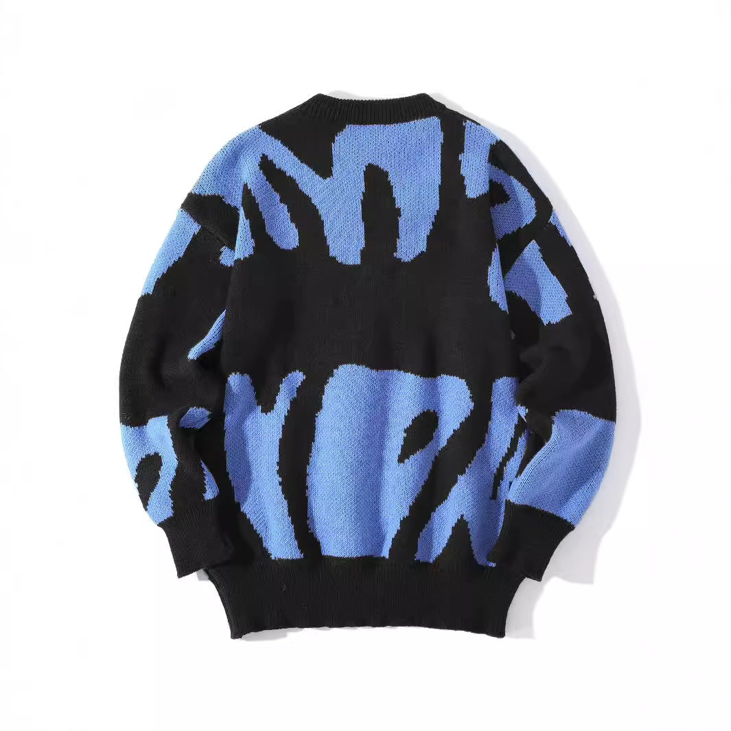 Men's color-blocked sweater with an irregular wave pattern, crew neck, and long sleeves
