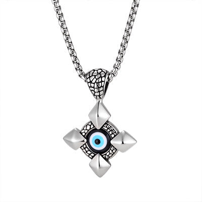 Stainless steel devil’s eye cross pendant necklace on a chain, featuring a detailed cross and eye design