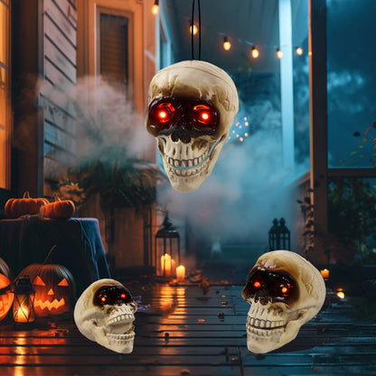 Animated floating realistic skeleton skull head Halloween decoration with spooky sound effects
