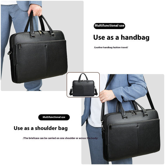 Men's large cowhide horizontal briefcase with 17-inch laptop compartment and spacious interior