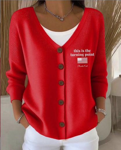 Women's printed knitted sweater cardigan with button front and patterned design