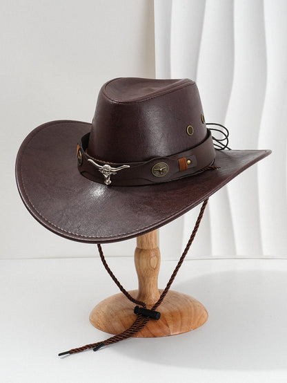 PU leather denim hat with metal 3D ox-head detail and curved brim