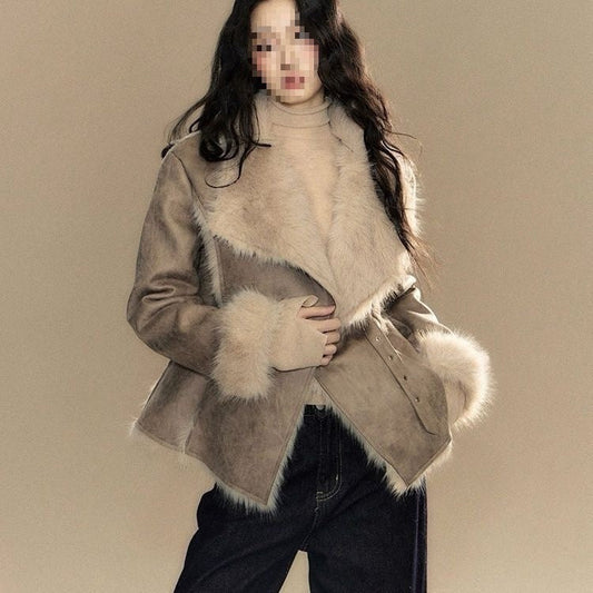 Women's new suede fur-trimmed coat in a classic silhouette