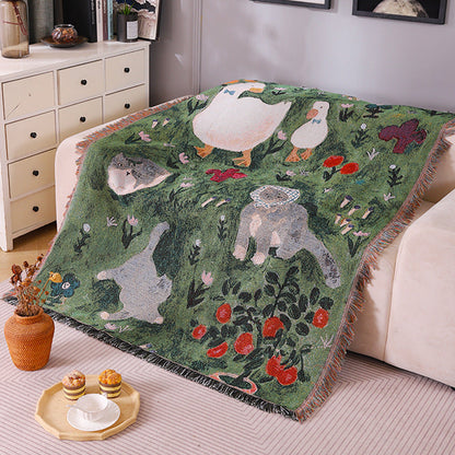 Ancient-style artistic tapestry knitted throw blanket draped over a sofa