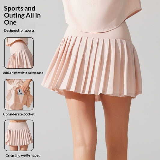 Pleated high-waist sports skirt with built-in shorts, lined pocket, and tennis, badminton, or running design