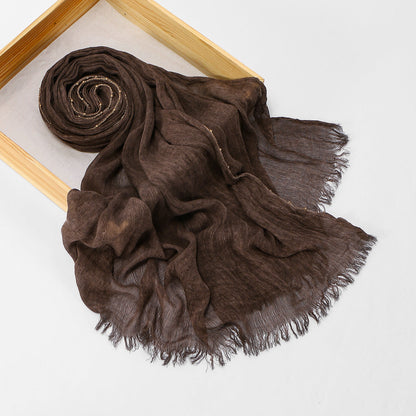 Rayon crinkle chain-pattern fringed long scarf with textured fabric and decorative fringe details