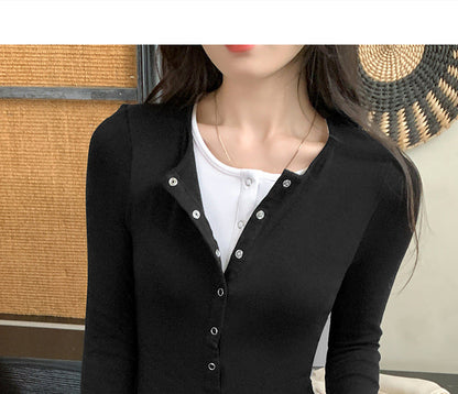 Color-block faux two-piece women's long-sleeve T-shirt top by My Store