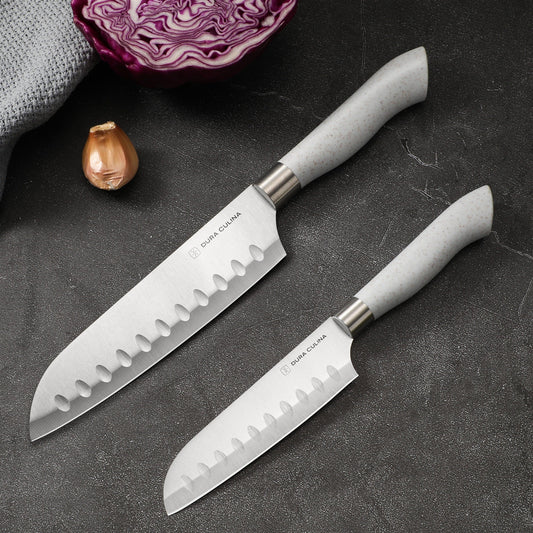 Dura Living EcoCut 2-piece Santoku knife set with grey handles and blade guards for kitchen prep and slicing.