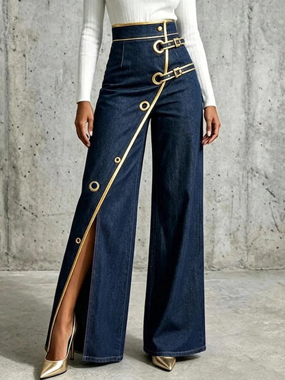 Women's irregular straight-leg denim trousers in blue, front view