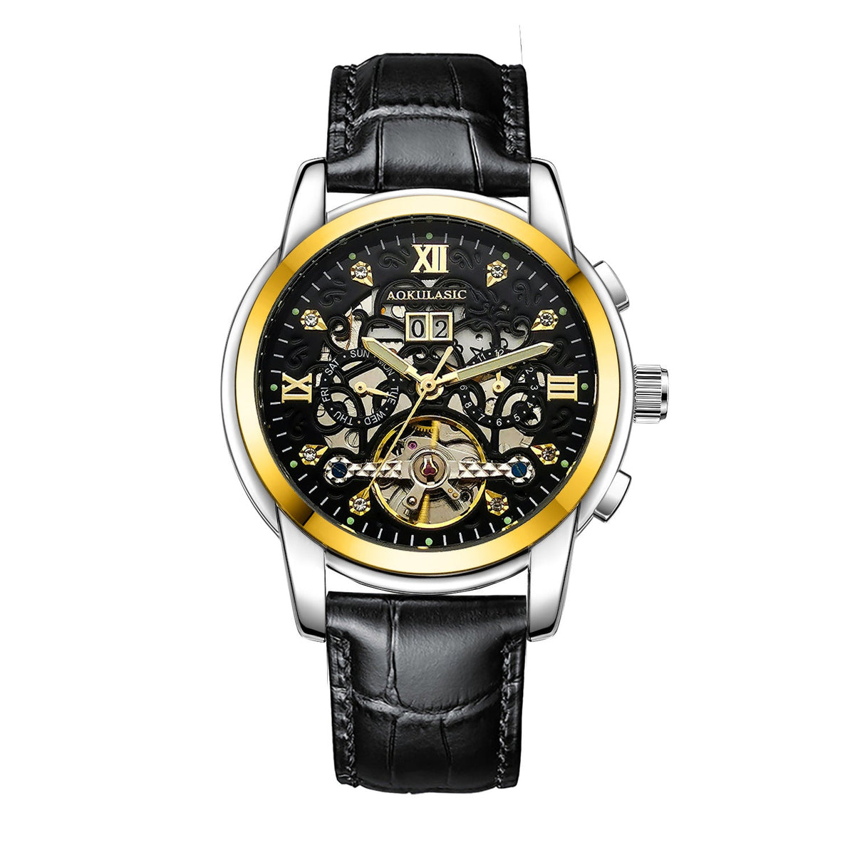 Men's large-rotor skeleton automatic mechanical watch with visible movement and black dial