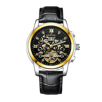 Men's large-rotor skeleton automatic mechanical watch with visible movement and black dial
