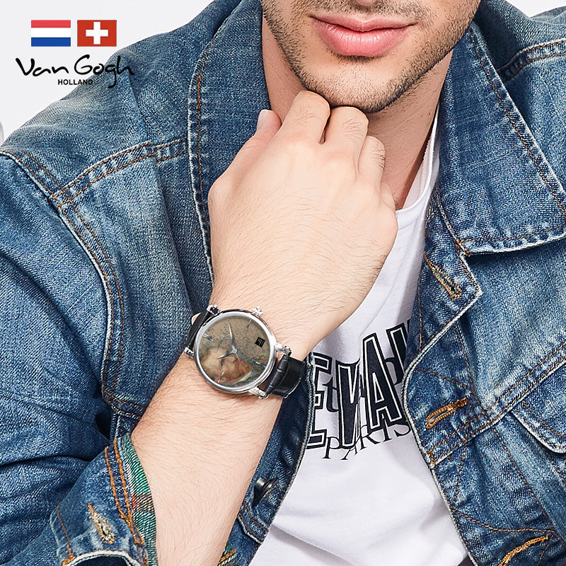 Van Gogh self-portrait 3D oil painting men's quartz watch with steel strap and textured surface