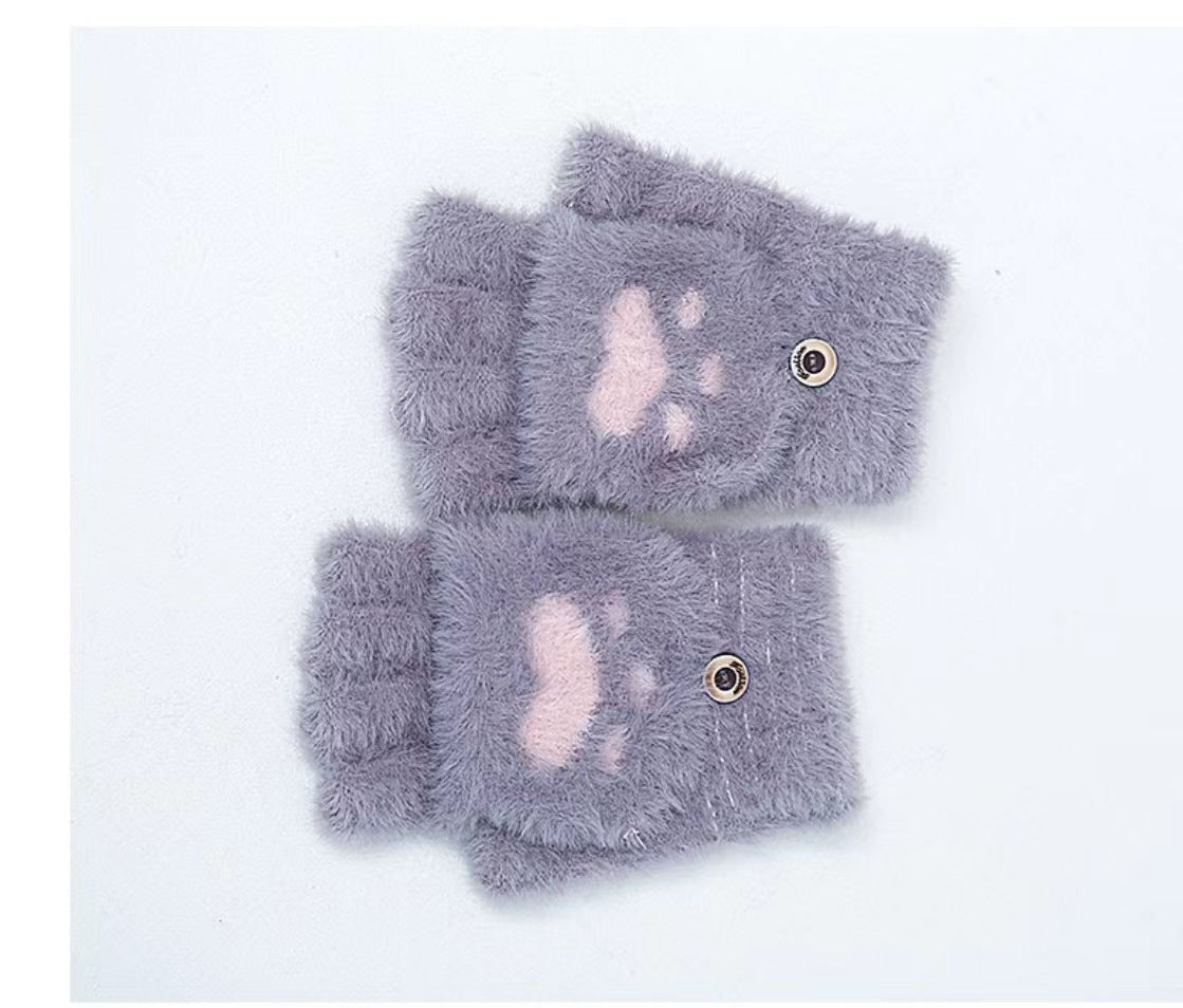 Half-finger knitted warm cat-claw gloves with exposed fingertips and claw details