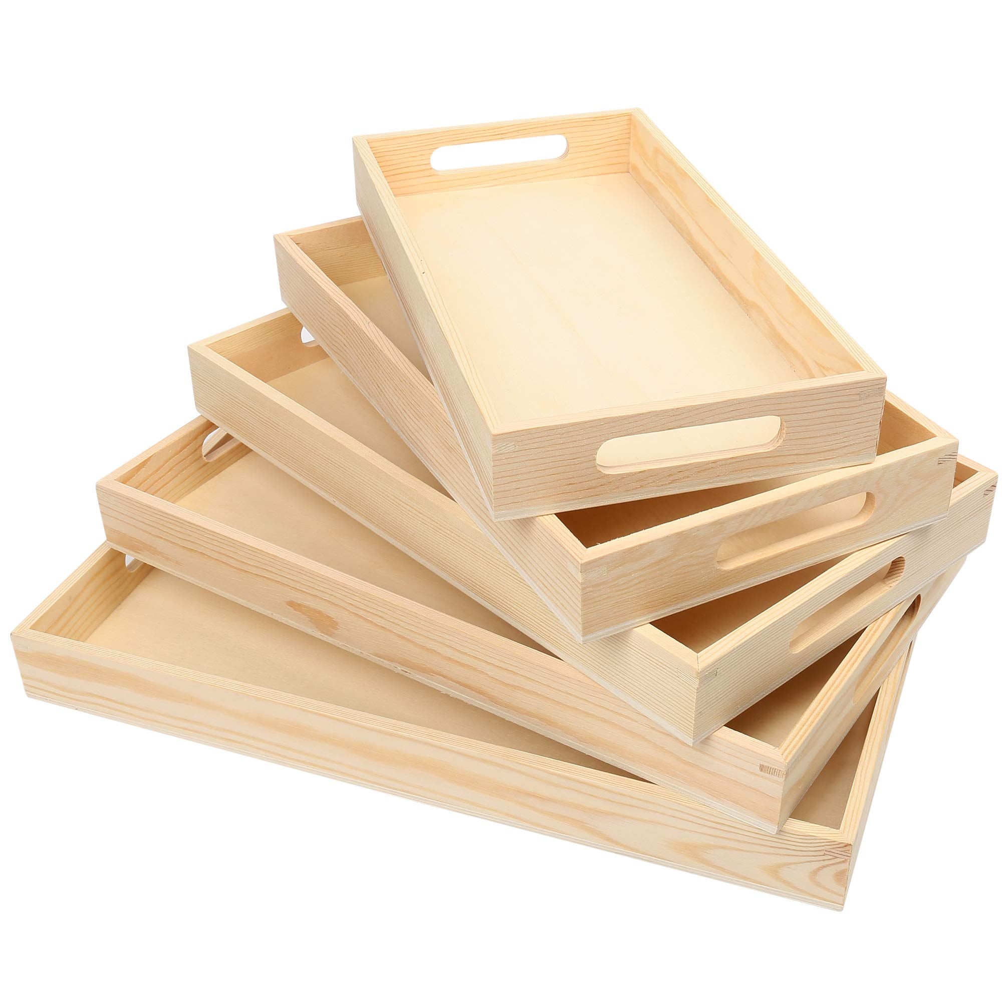 LotFancy Wooden Nested Serving Trays Set of 5 Unfinished Natural Wood Trays with Handles for Craft and Decor Food Organizer for Breakfast Lunch Dinner