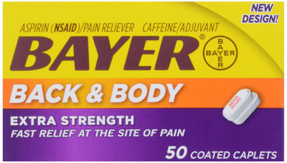 Bayer Back & Body Aspirin Plus bottle with 50 tablets, featuring the product label and packaging.