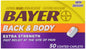 Bayer Back & Body Aspirin Plus bottle with 50 tablets, featuring the product label and packaging.